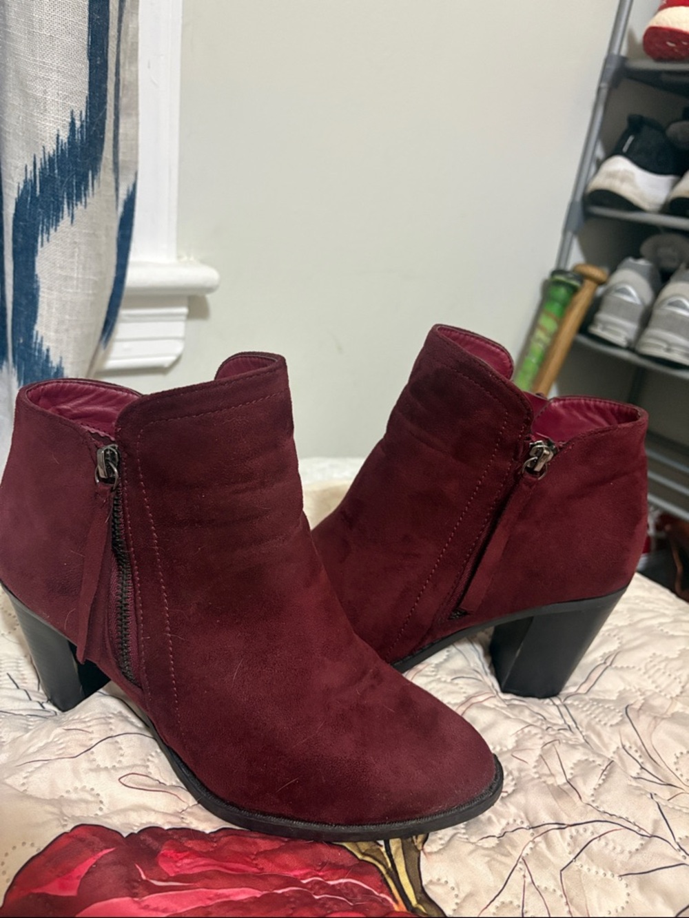 Women's Burgundy Suede Ankle Booties with Side Zipper
